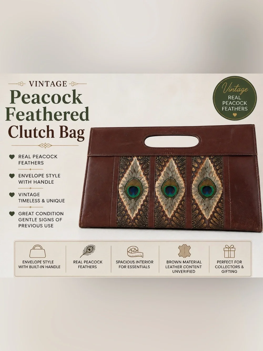 Brownish red tone/ Peacock Feather inlay Accent Envelope bag